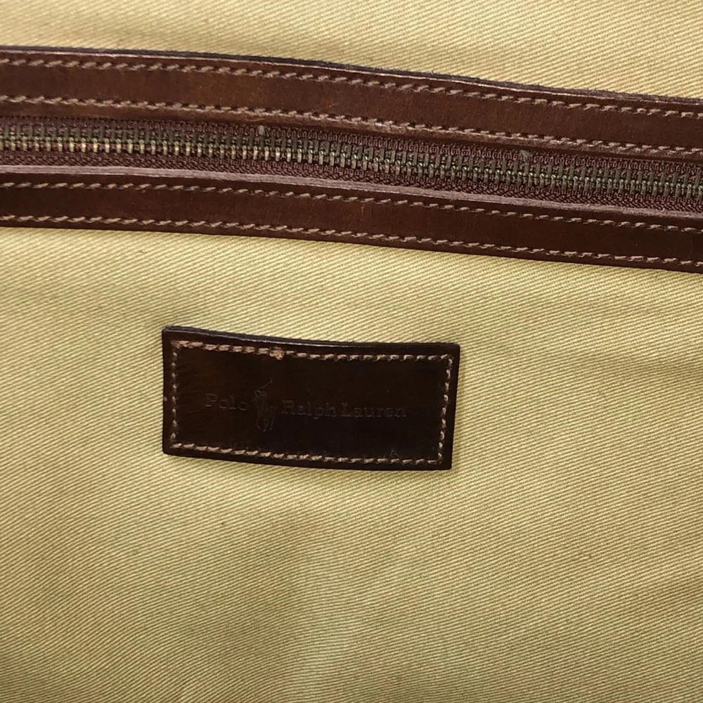 RALPH LAUREN Black Watch Plaid Oversized Coated Canvas Brown Leather Travel Bag